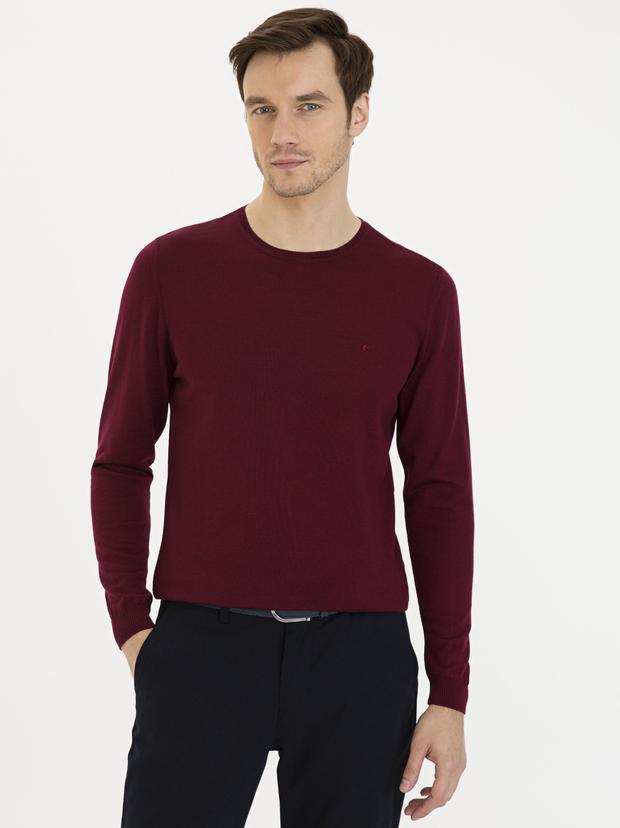 Bordo Slim Fit Bisiklet Yaka Basic Triko Kazak