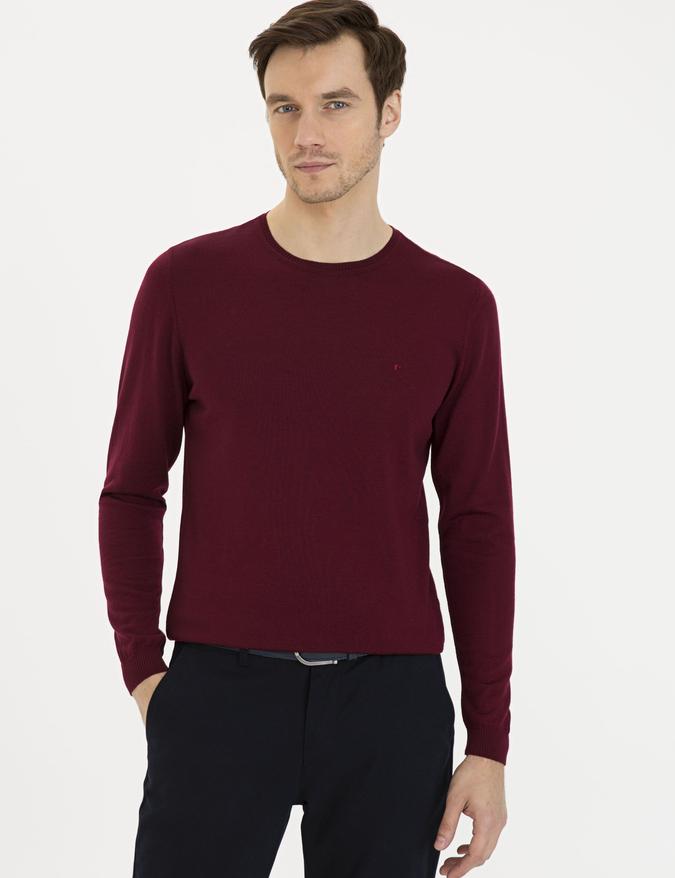 Bordo Slim Fit Bisiklet Yaka Basic Triko Kazak