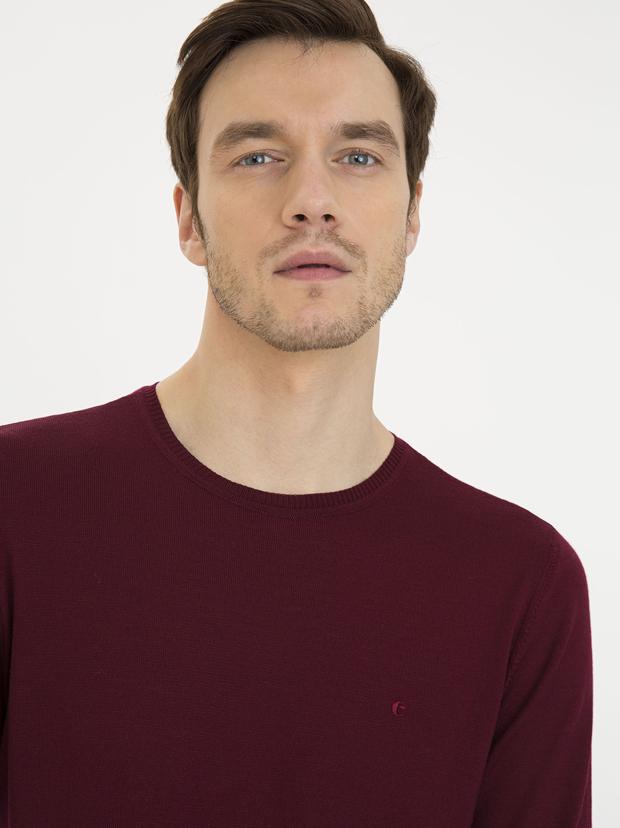 Bordo Slim Fit Bisiklet Yaka Basic Triko Kazak