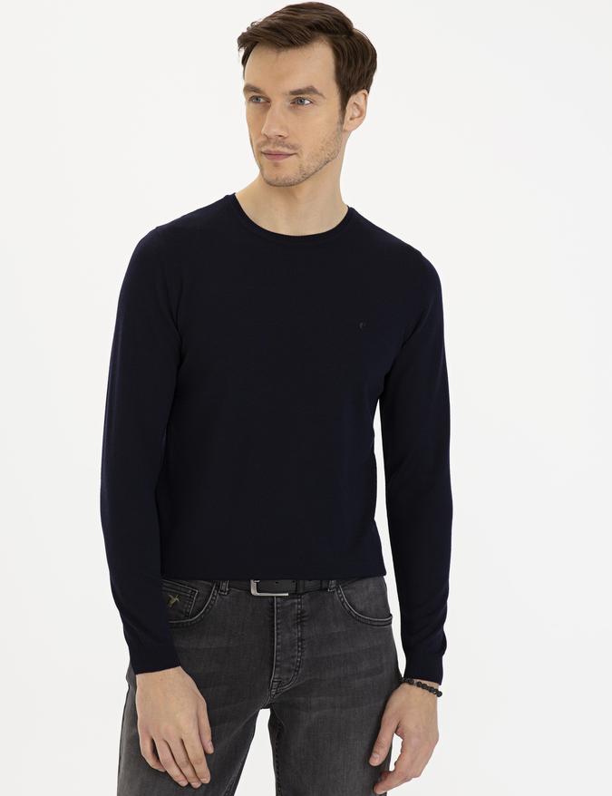 Lacivert Slim Fit Bisiklet Yaka Basic Triko Kazak
