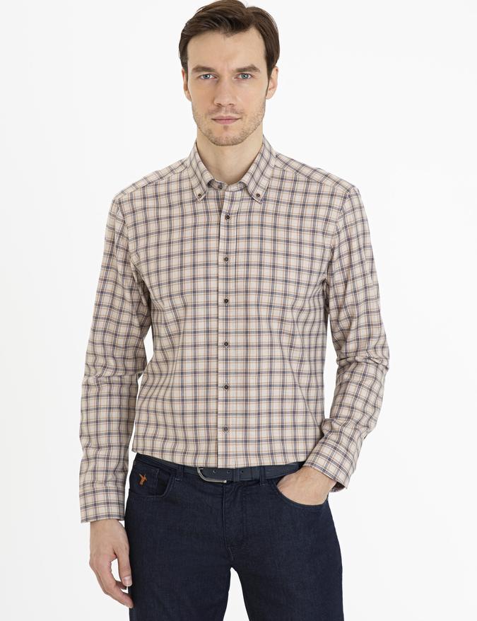 Bej Slim Fit Uzun Kollu Gömlek