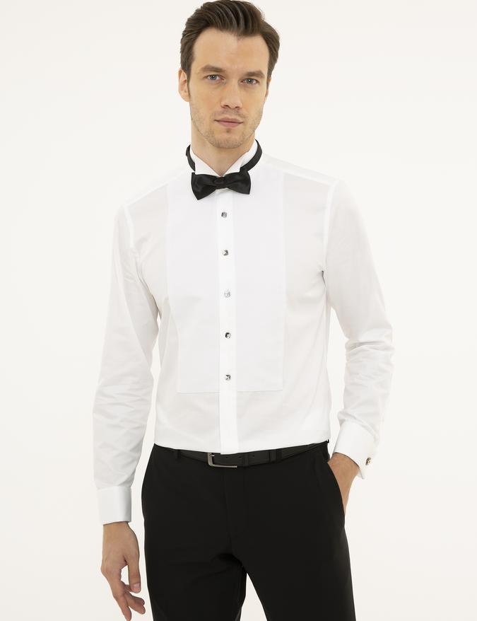 Beyaz Slim Fit Smokin Gömlek