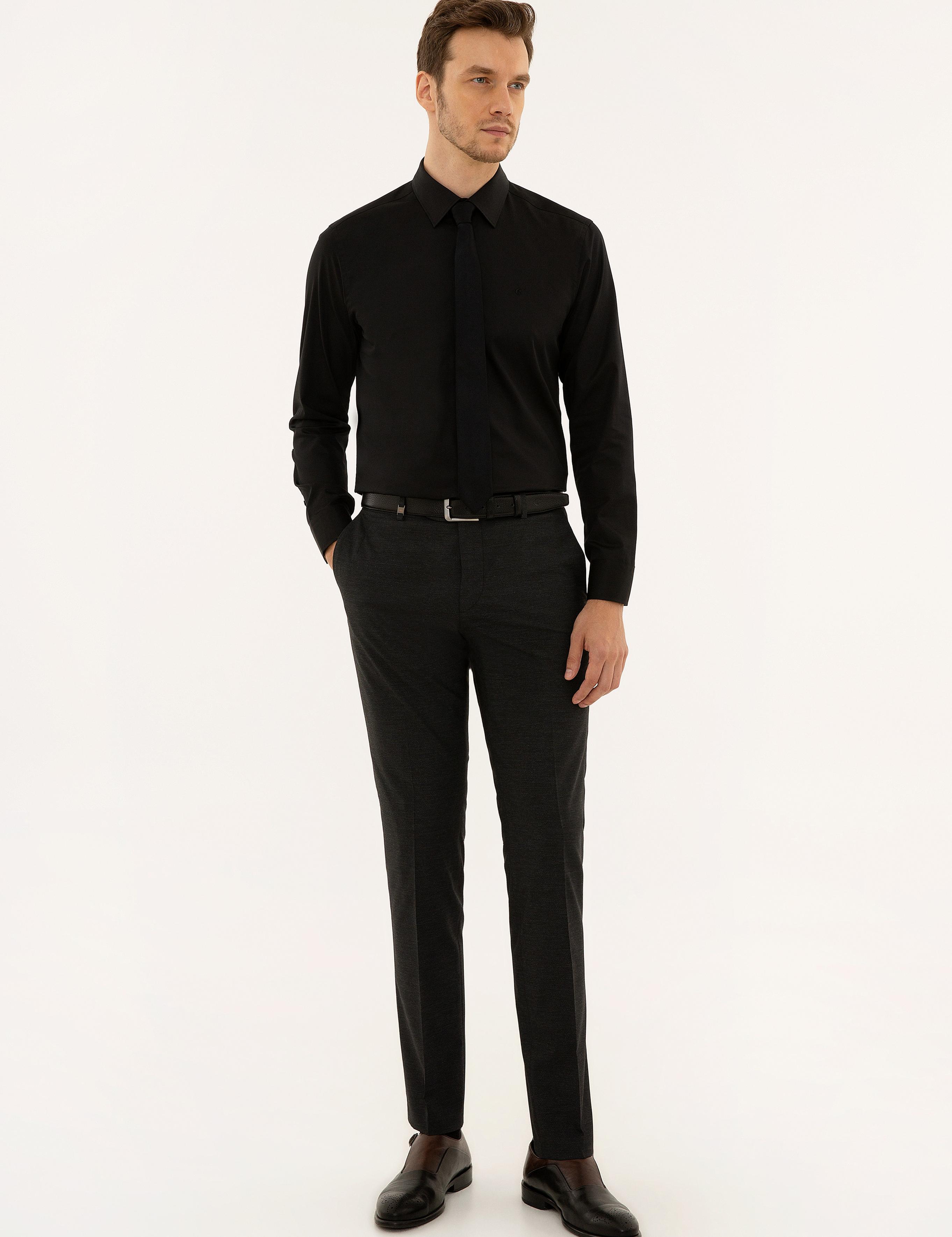 Siyah Slim Fit Uzun Kollu Basic Gömlek - 50223224080
