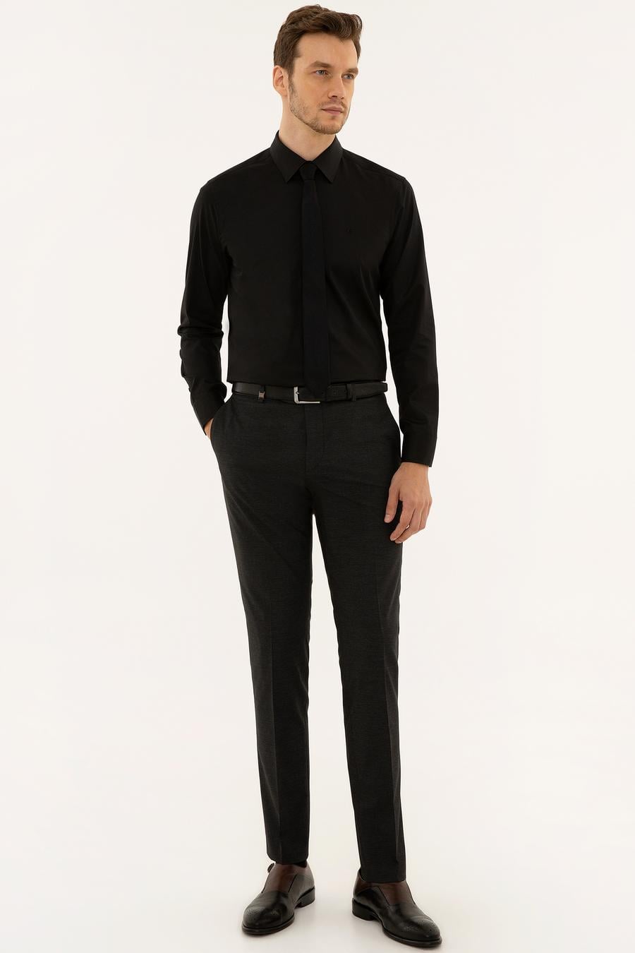 Siyah Slim Fit Uzun Kollu Basic Gömlek - 50223224080
