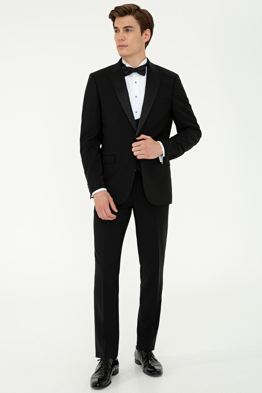 Siyah Slim Fit Yelekli Smokin Damatlık - 50236887011