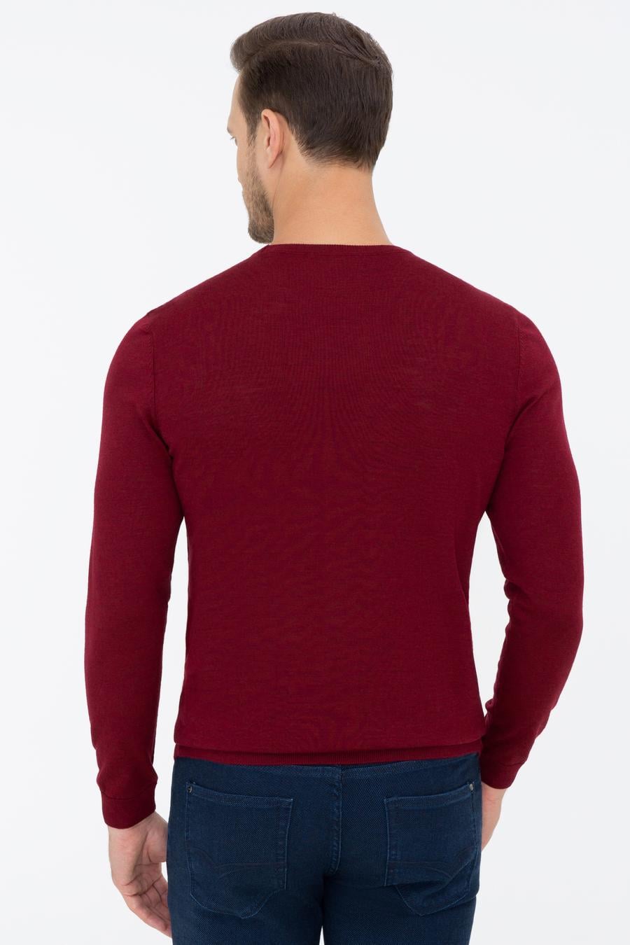 Bordo Slim Fit Bisiklet Yaka Basic Triko Kazak - 50237038044