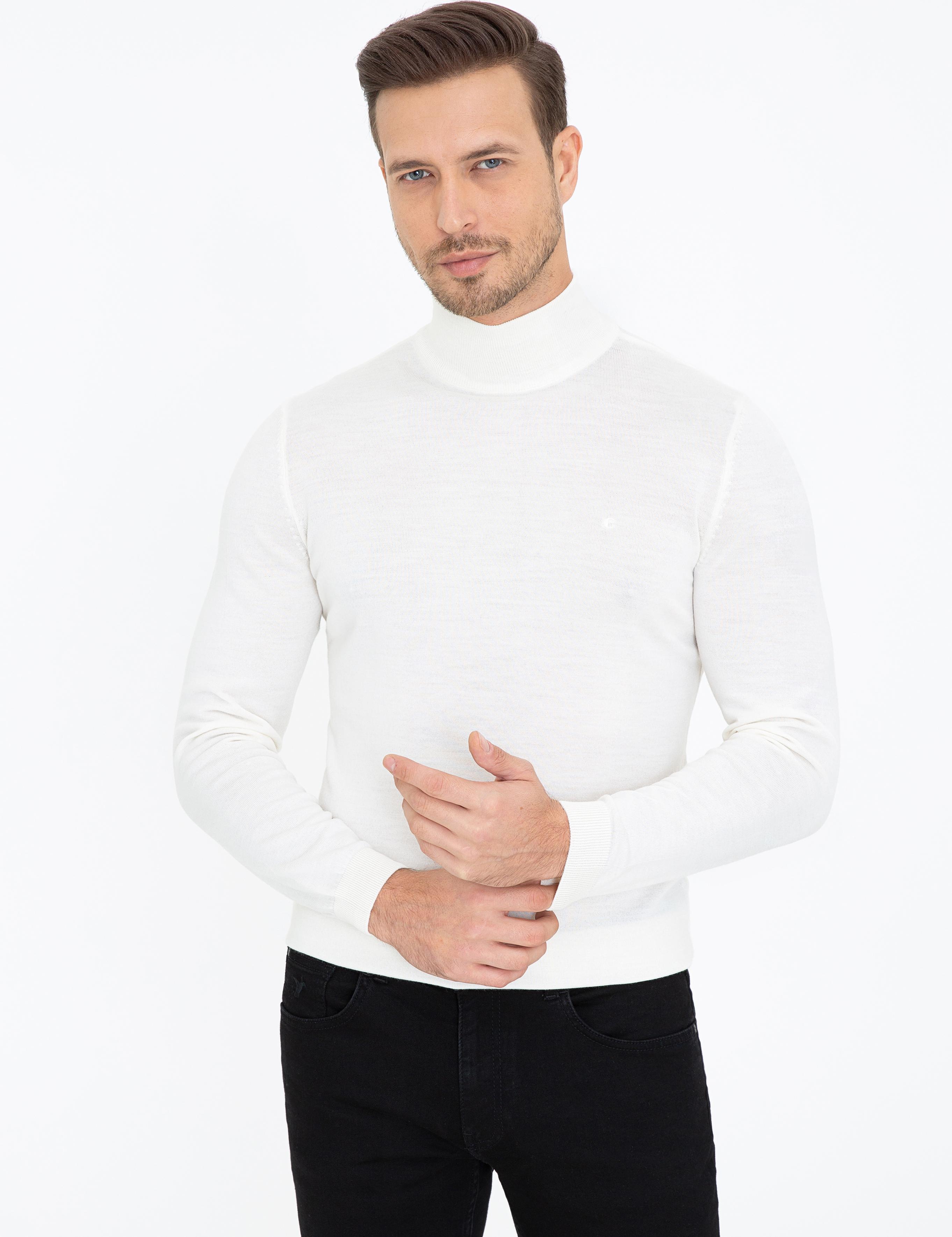 Ekru Regular Fit Yarım Balıkçı Basic Triko Kazak - 50237040188