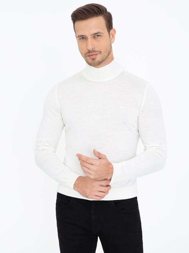 Ekru Regular Fit Yarım Balıkçı Basic Triko Kazak