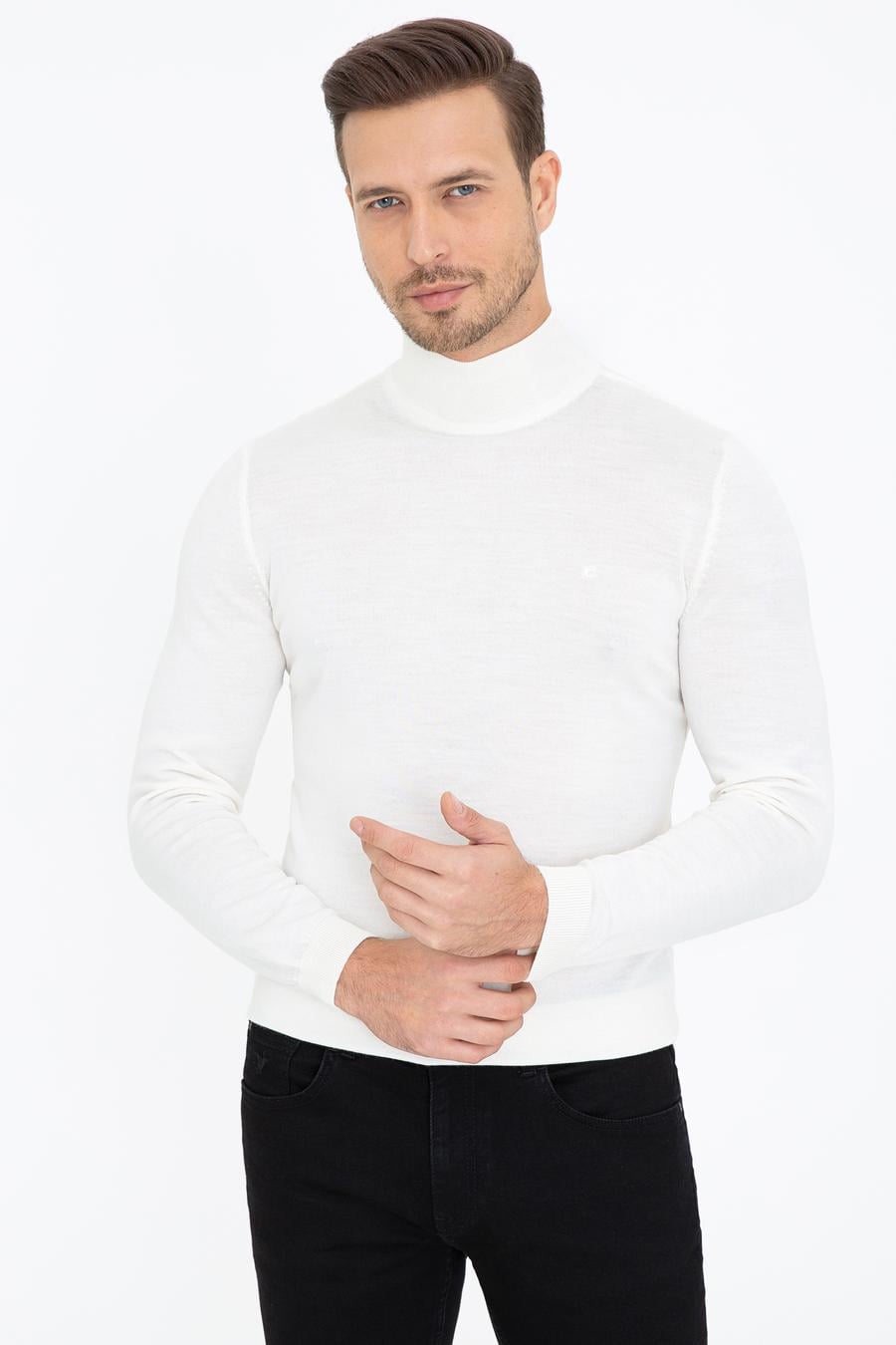 Ekru Regular Fit Yarım Balıkçı Basic Triko Kazak - 50237040188