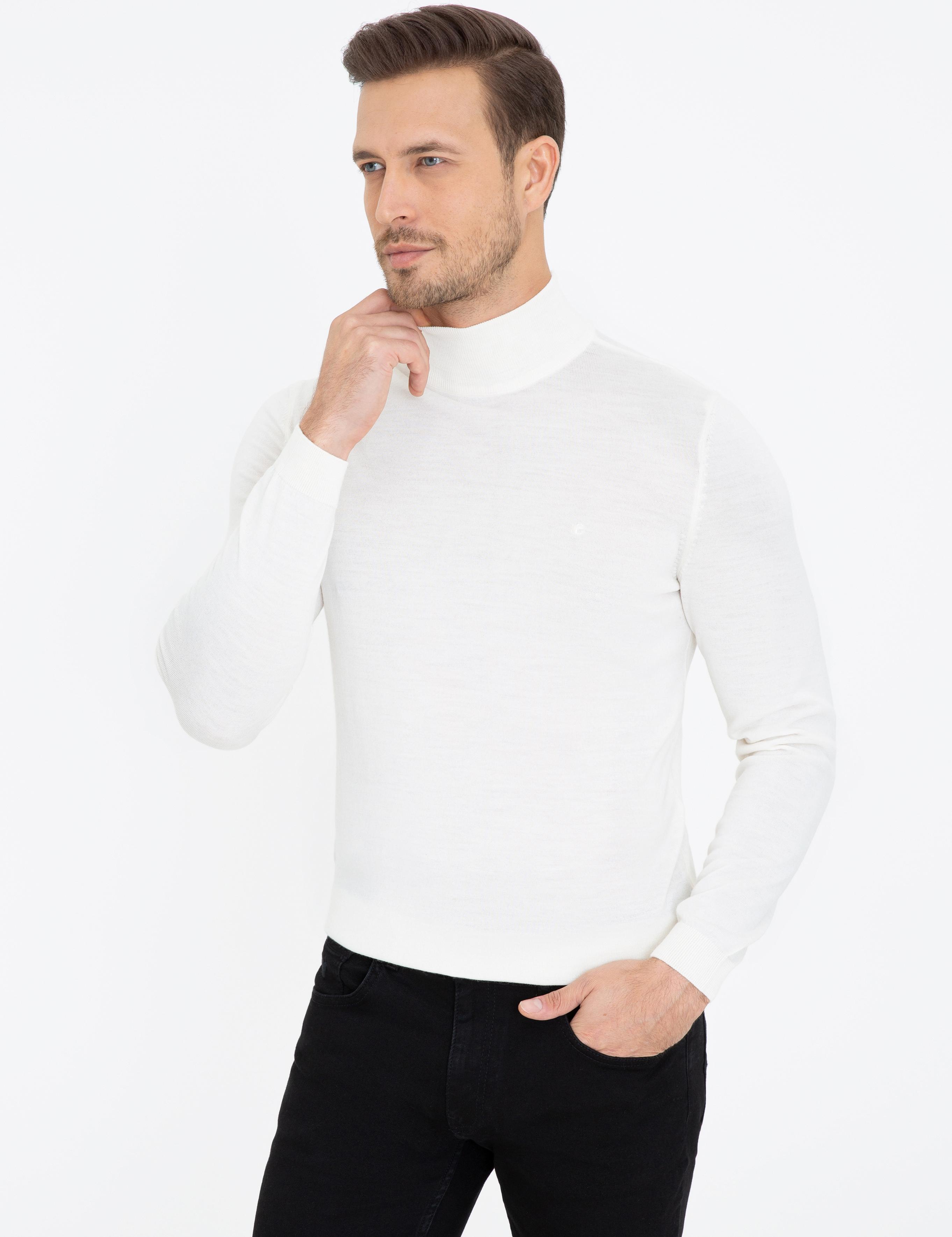 Ekru Regular Fit Yarım Balıkçı Basic Triko Kazak - 50237040188