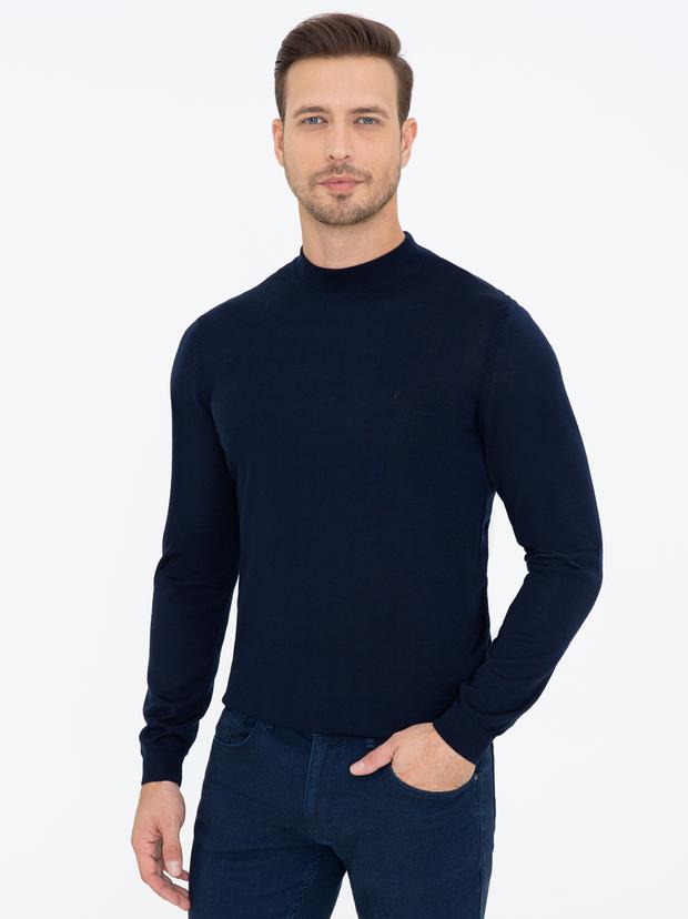 Lacivert Slim Fit Çeyrek Balıkçı Yaka Basic Triko Kazak