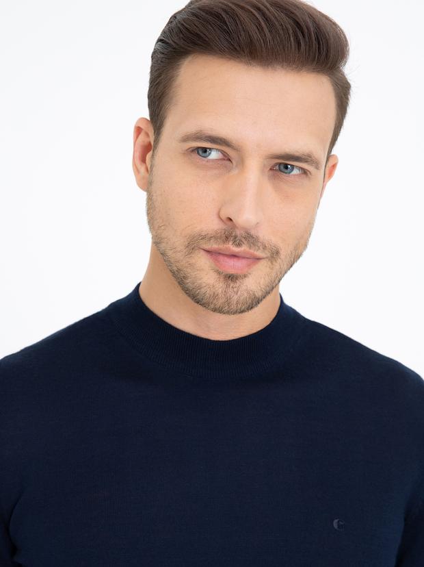 Lacivert Slim Fit Çeyrek Balıkçı Yaka Basic Triko Kazak