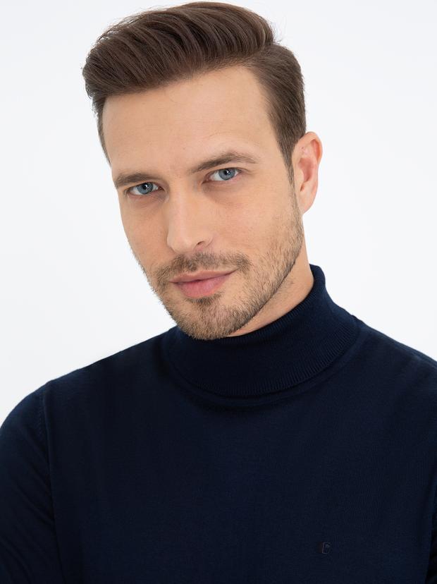 Lacivert Slim Fit Balıkçı Yaka Basic Triko Kazak