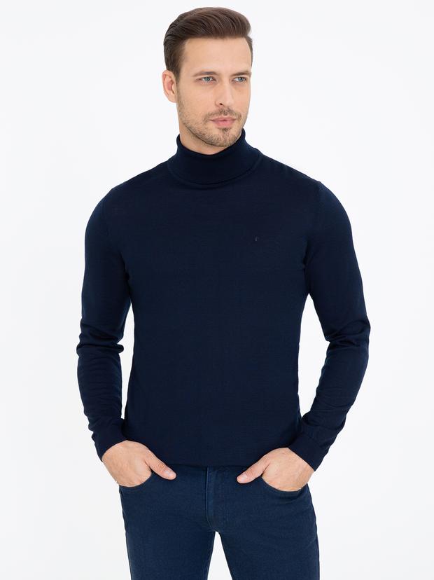 Lacivert Slim Fit Balıkçı Yaka Basic Triko Kazak