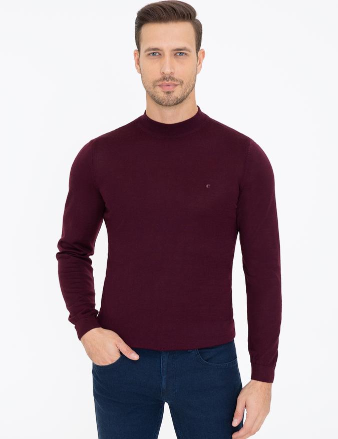 Koyu Bordo Slim Fit Çeyrek Balıkçı Yaka Basic Triko Kazak