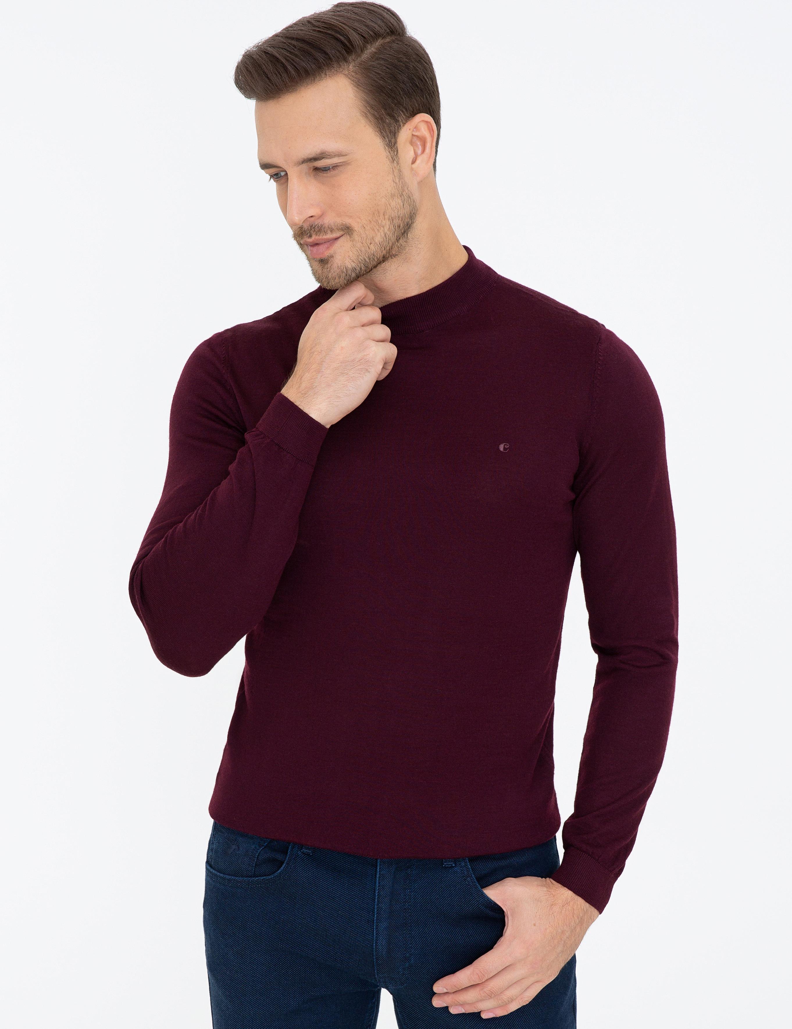Koyu Bordo Slim Fit Çeyrek Balıkçı Yaka Basic Triko Kazak - 50237039167