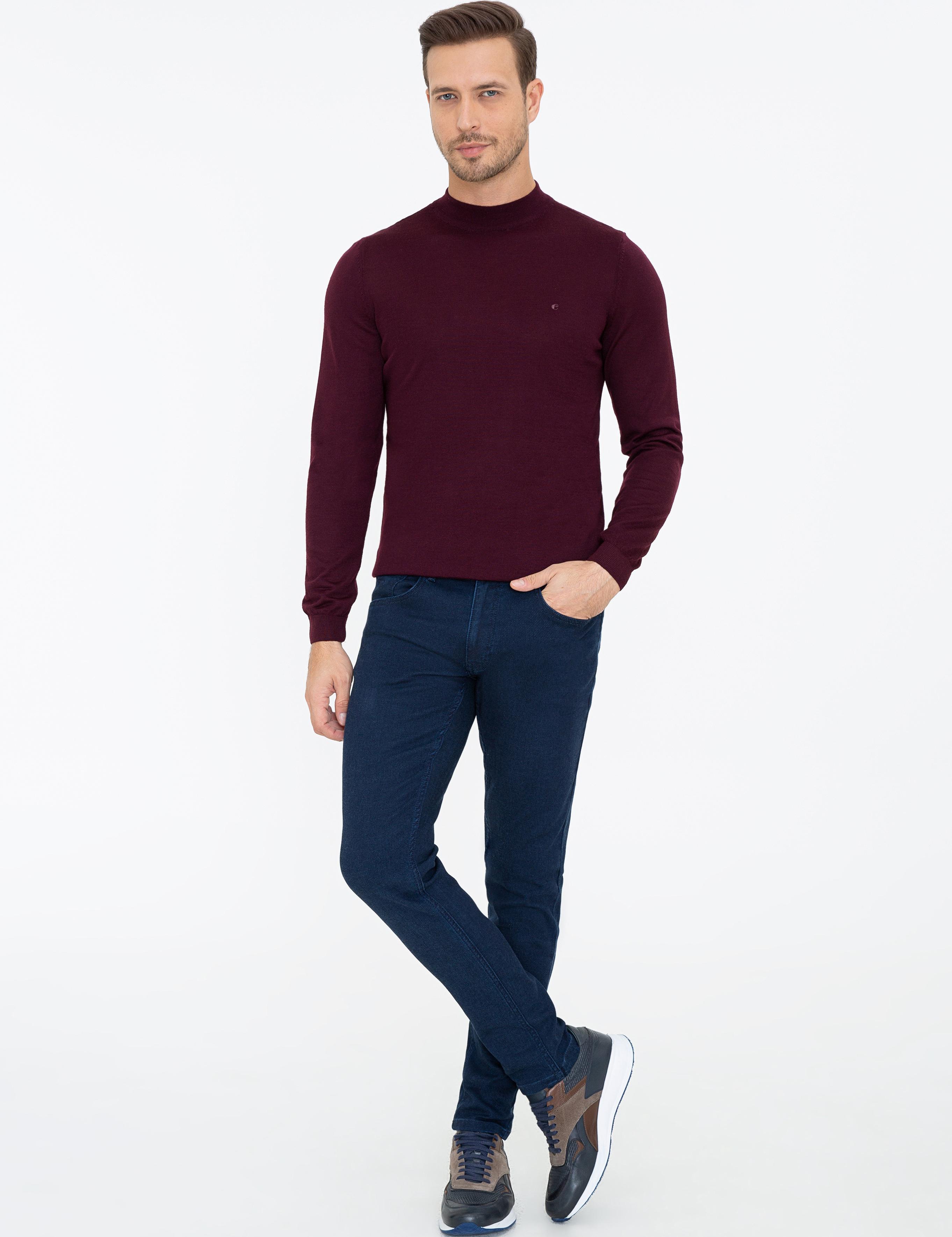 Koyu Bordo Slim Fit Çeyrek Balıkçı Yaka Basic Triko Kazak - 50237039167