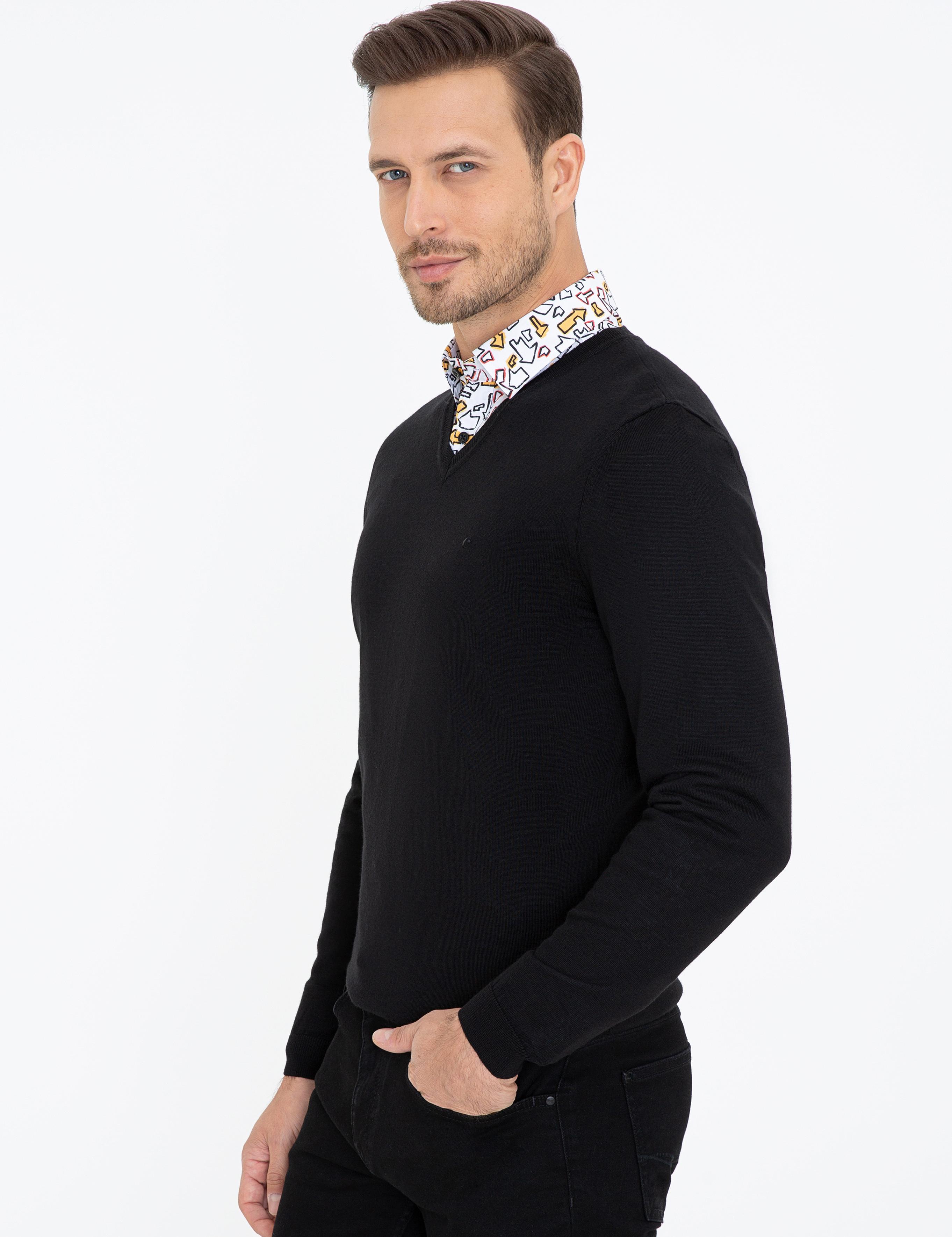Siyah Slim Fit V Yaka Basic Triko Kazak - 50237053005