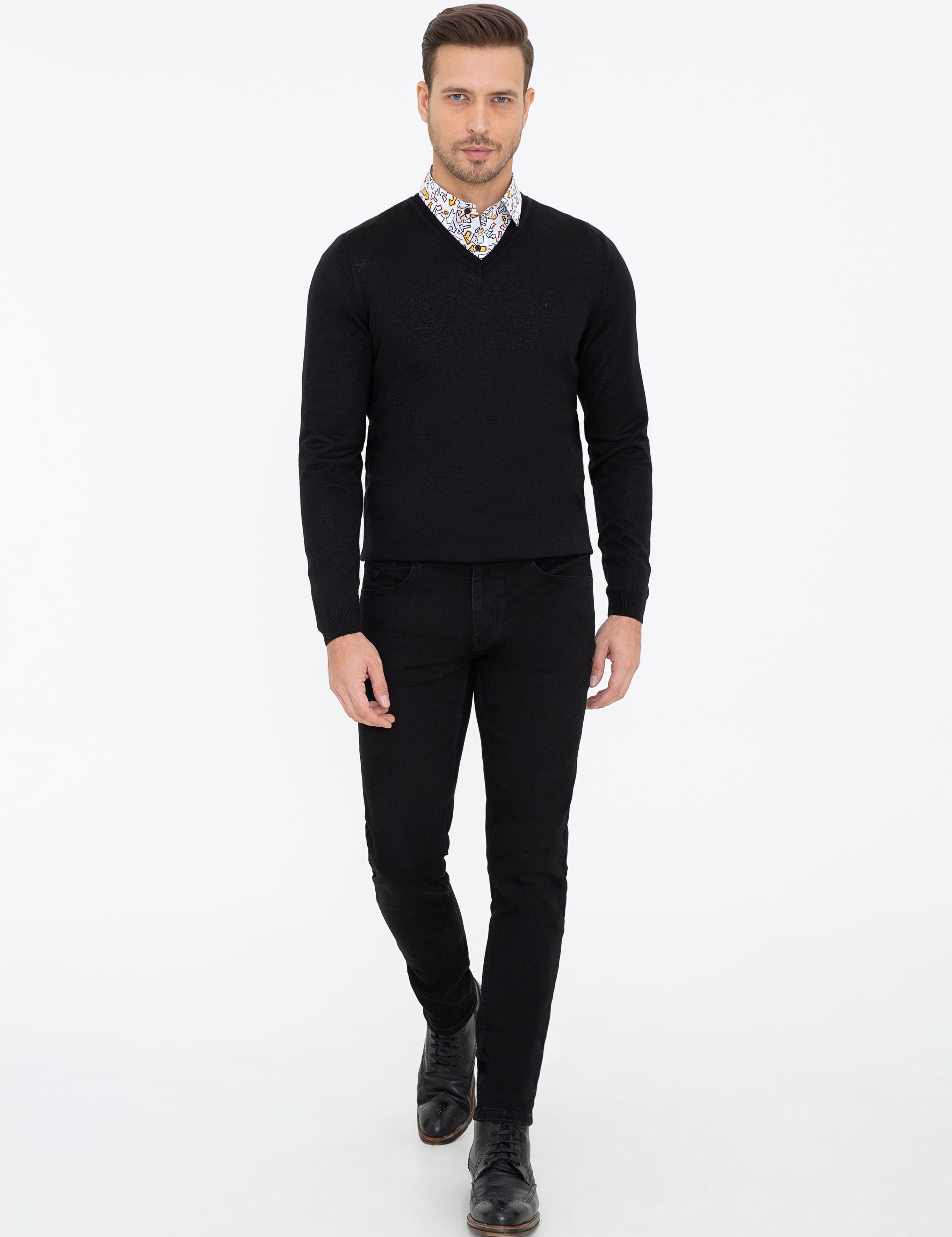 Siyah Slim Fit V Yaka Basic Triko Kazak - 50237053005
