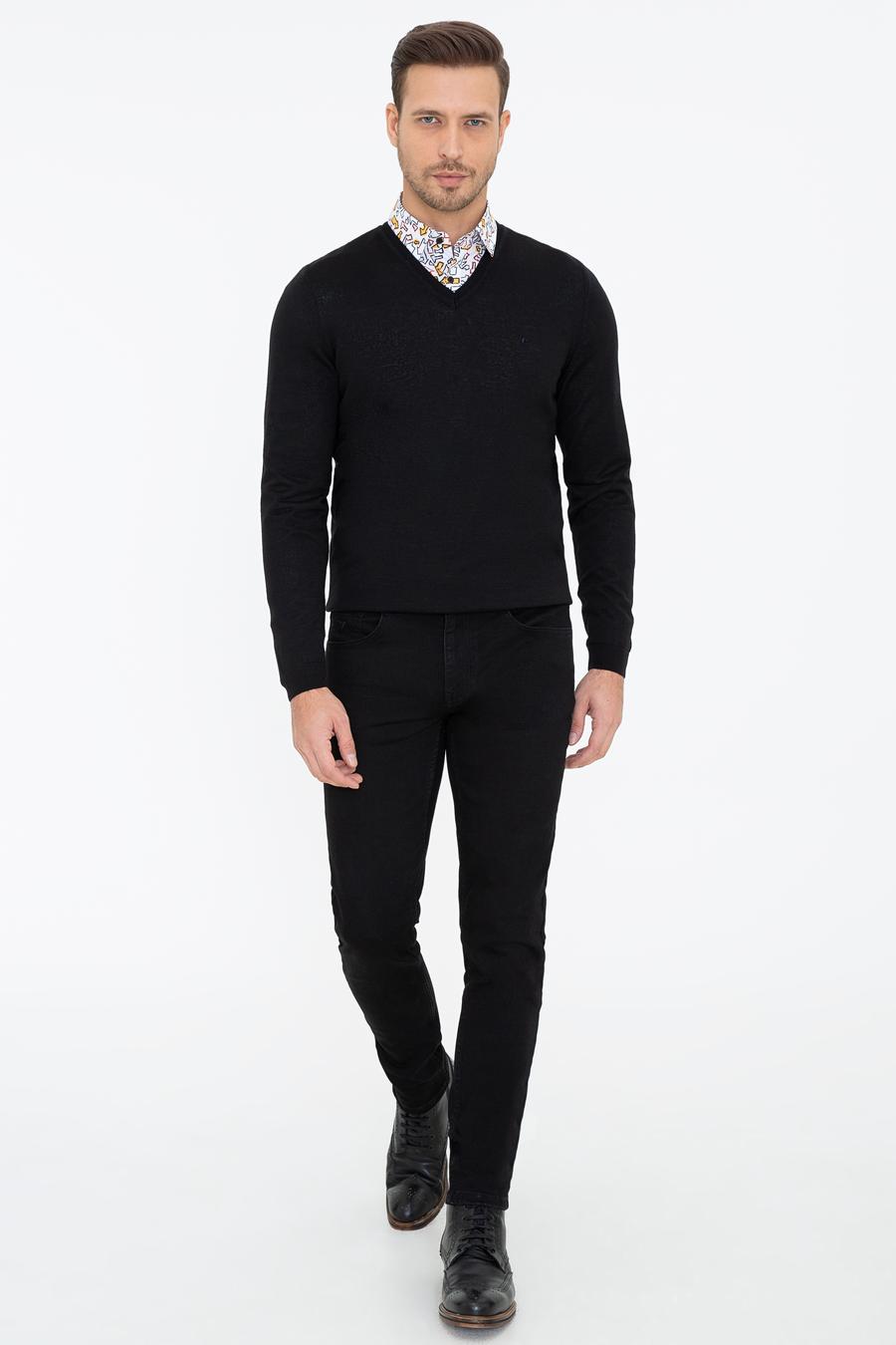 Siyah Slim Fit V Yaka Basic Triko Kazak - 50237053005