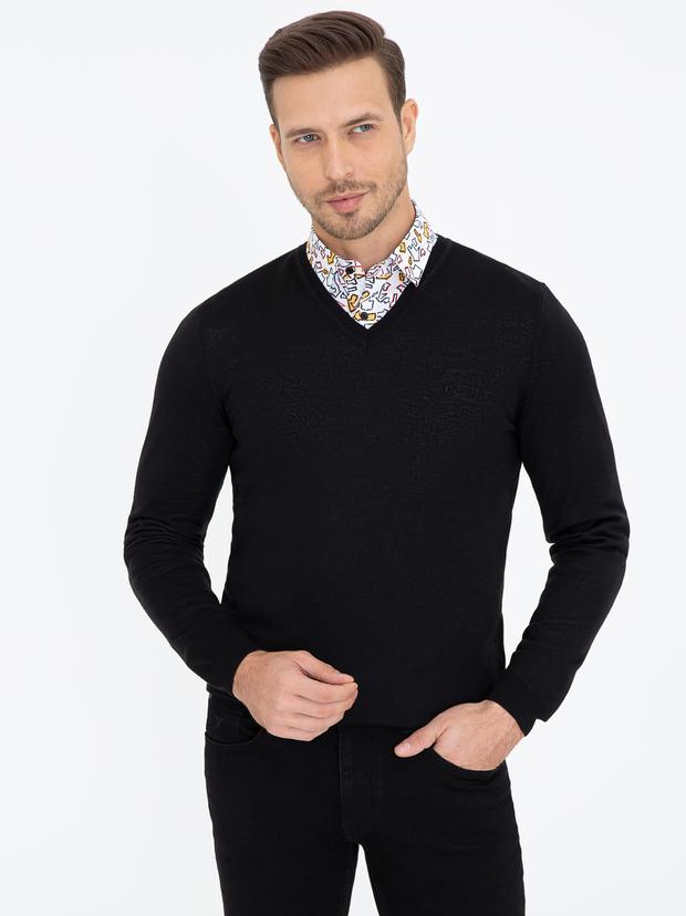 Siyah Slim Fit V Yaka Basic Triko Kazak