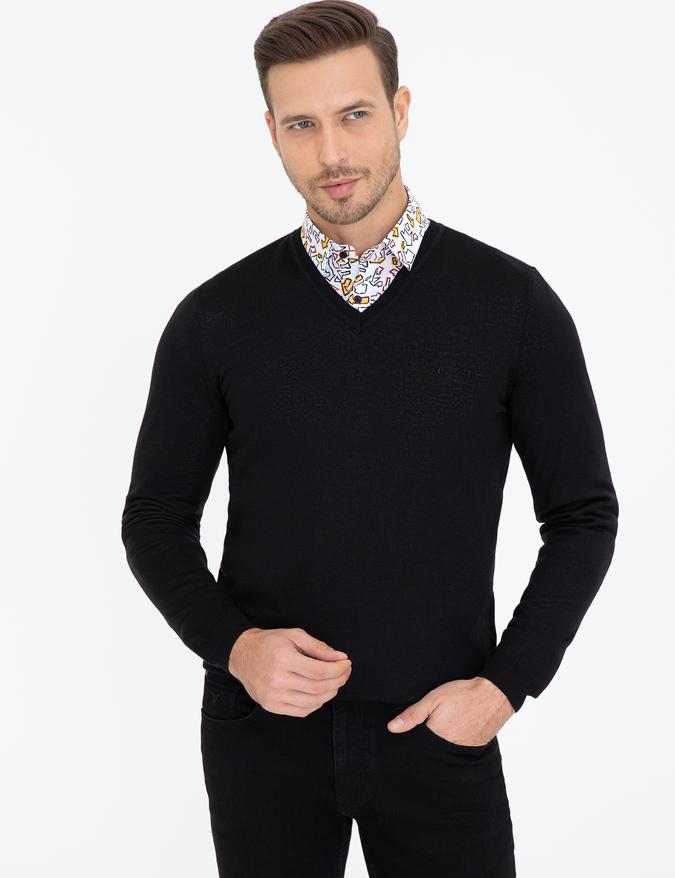 Siyah Slim Fit V Yaka Basic Triko Kazak