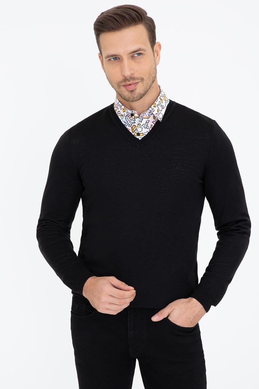Siyah Slim Fit V Yaka Basic Triko Kazak - 50237053005