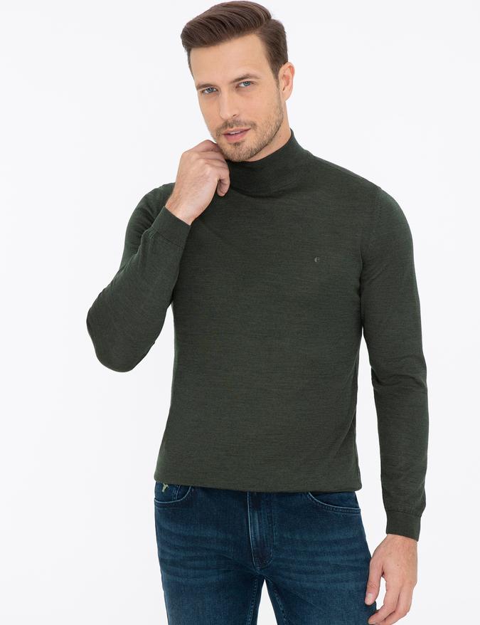 Haki Slim Fit Yarım Balıkçı Basic Triko Kazak
