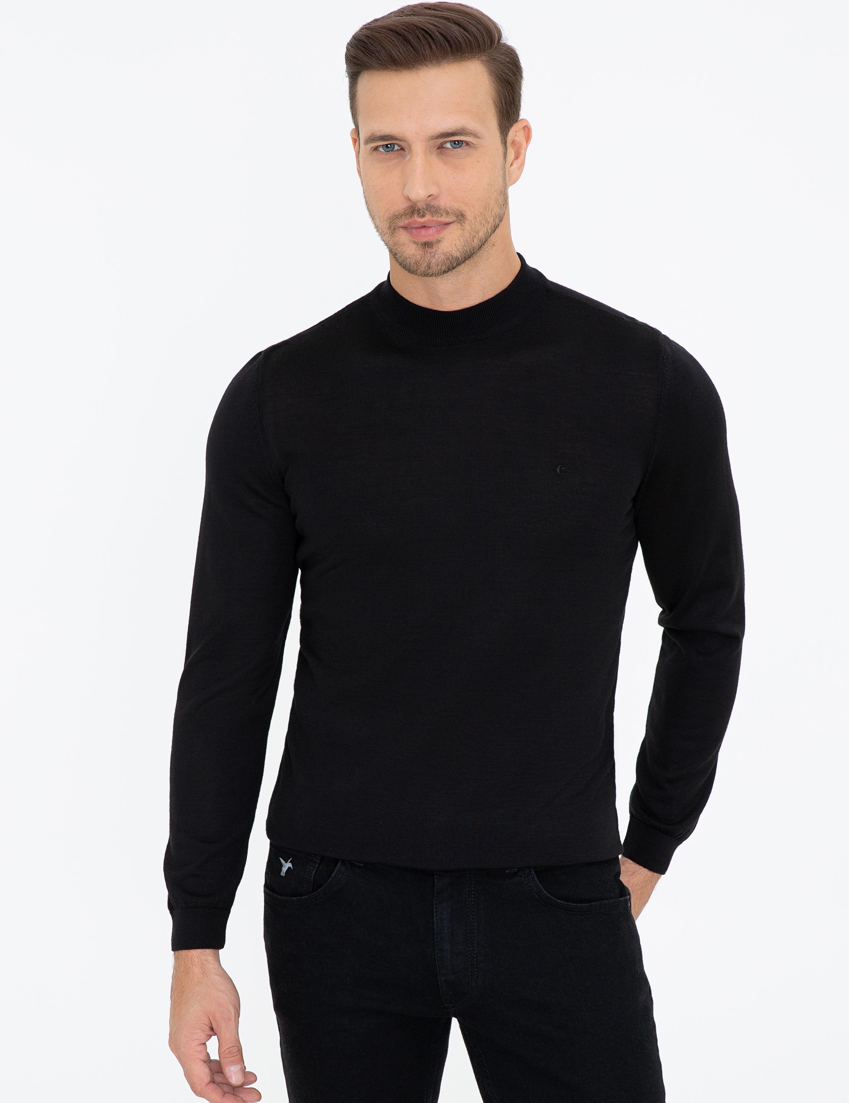 Siyah Slim Fit Çeyrek Balıkçı Yaka Basic Triko Kazak - 50237039006