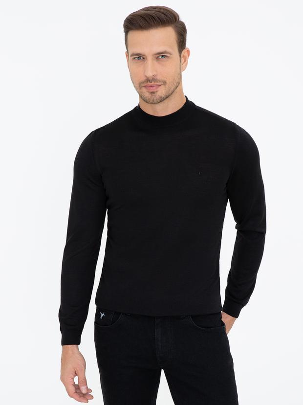 Siyah Slim Fit Çeyrek Balıkçı Yaka Basic Triko Kazak