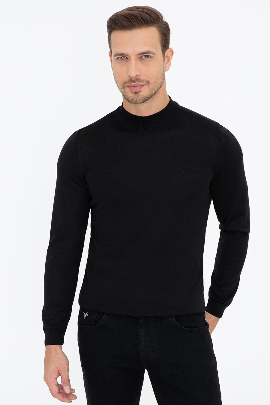 Siyah Slim Fit Çeyrek Balıkçı Yaka Basic Triko Kazak - 50237039006