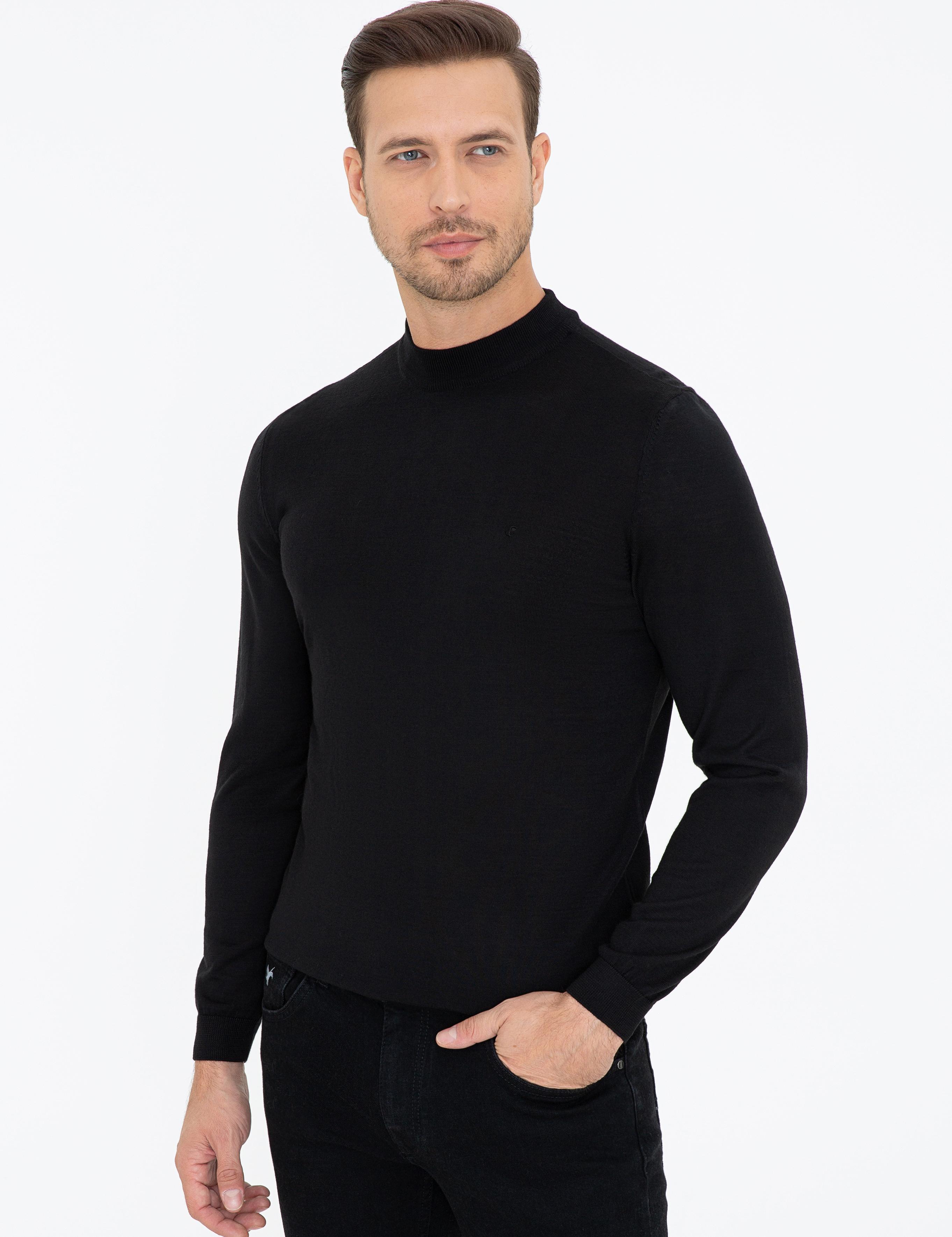 Siyah Slim Fit Çeyrek Balıkçı Yaka Basic Triko Kazak - 50237039006