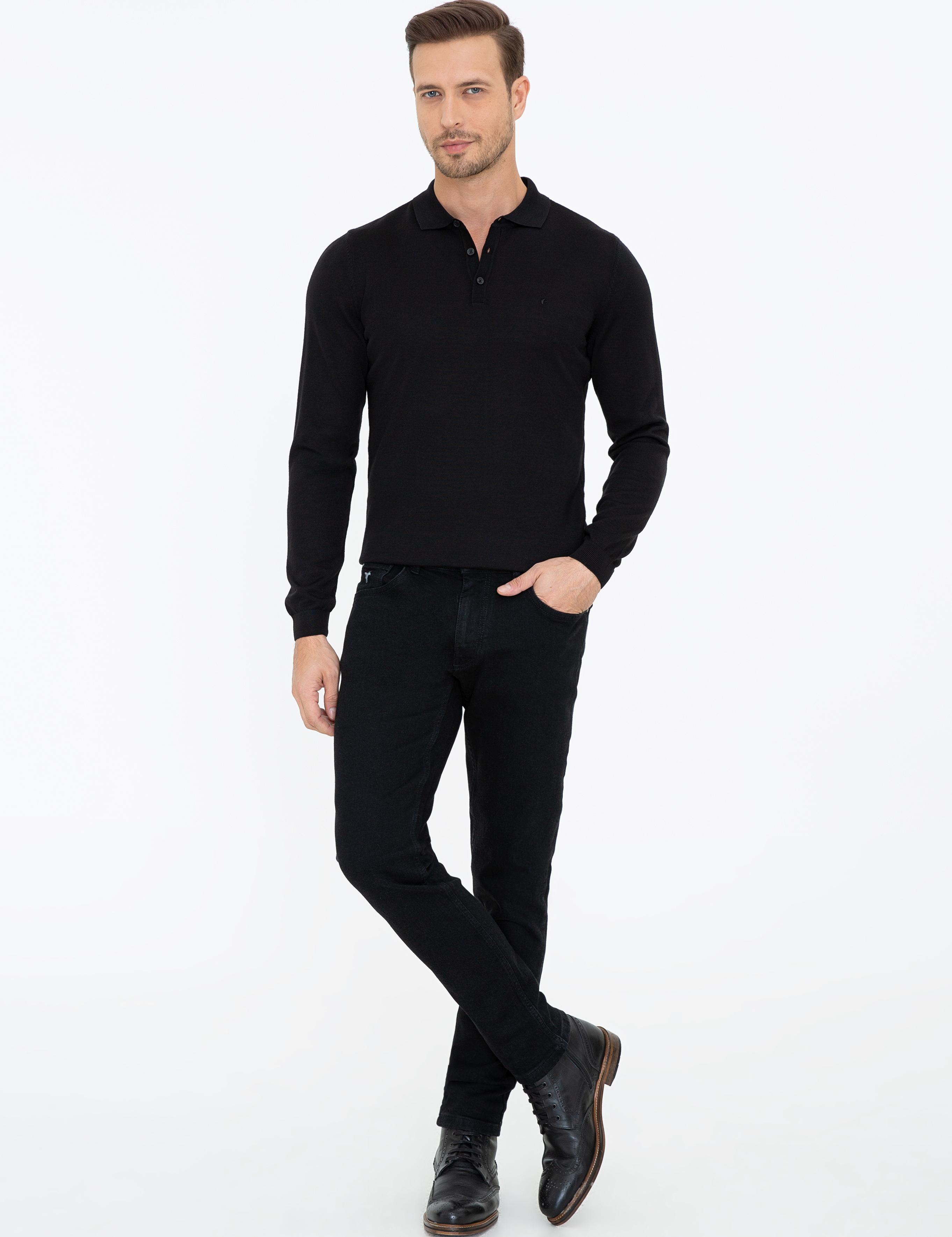 Siyah Slim Fit Polo Yaka Basic Triko Kazak - 50237054005