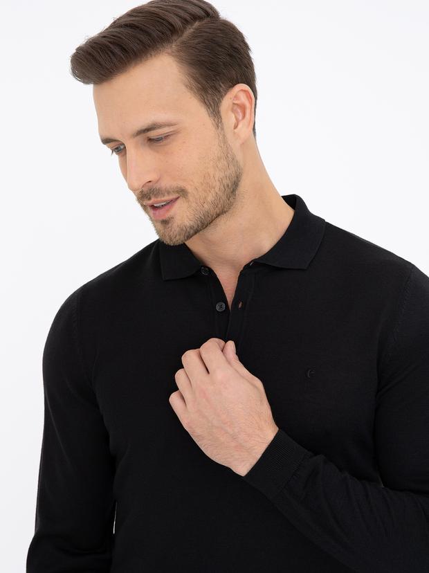 Siyah Slim Fit Polo Yaka Basic Triko Kazak