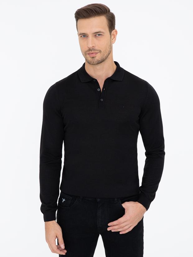 Siyah Slim Fit Polo Yaka Basic Triko Kazak