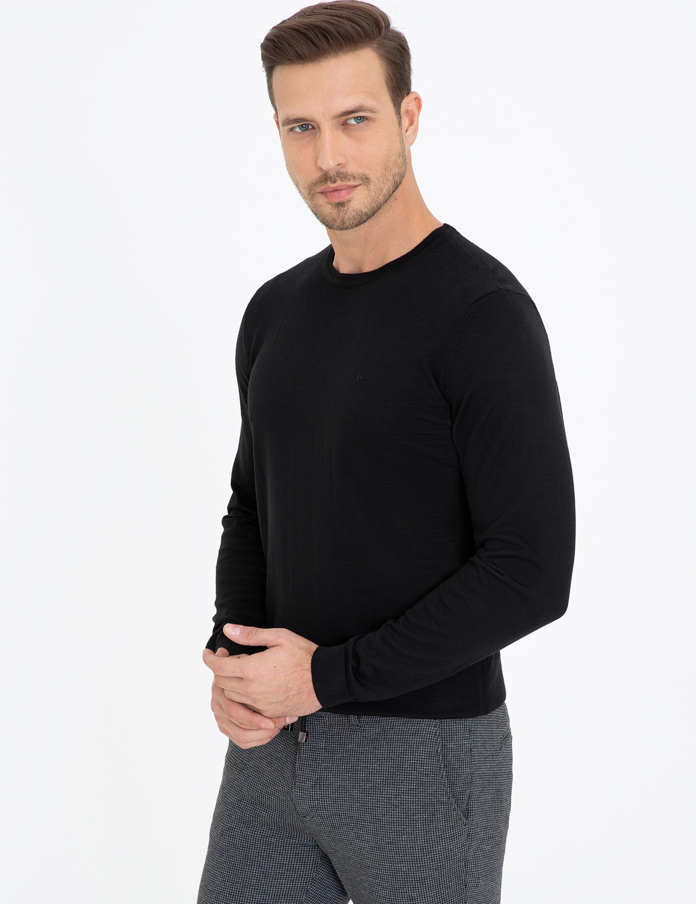 Siyah Slim Fit Bisiklet Yaka Basic Triko Kazak - 50237038004