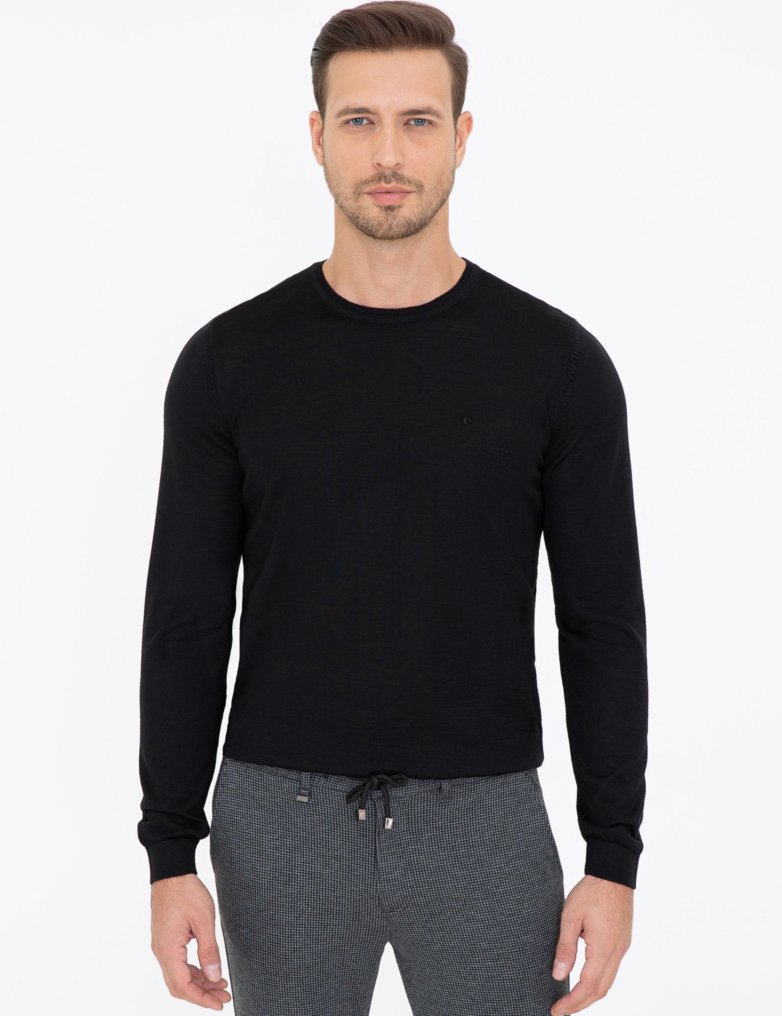 Siyah Slim Fit Bisiklet Yaka Basic Triko Kazak - 50237038004