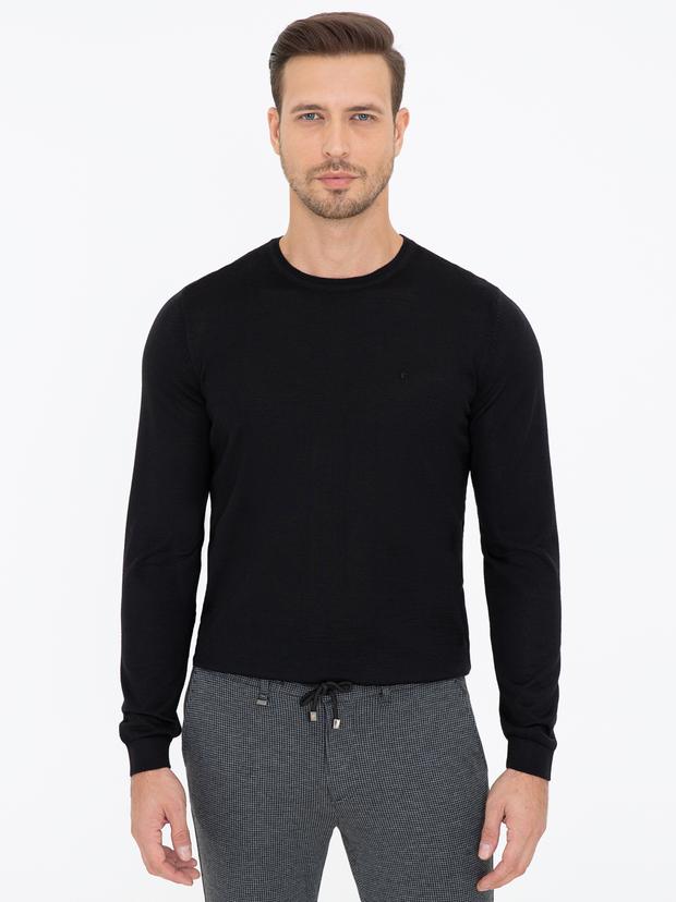 Siyah Slim Fit Bisiklet Yaka Basic Triko Kazak