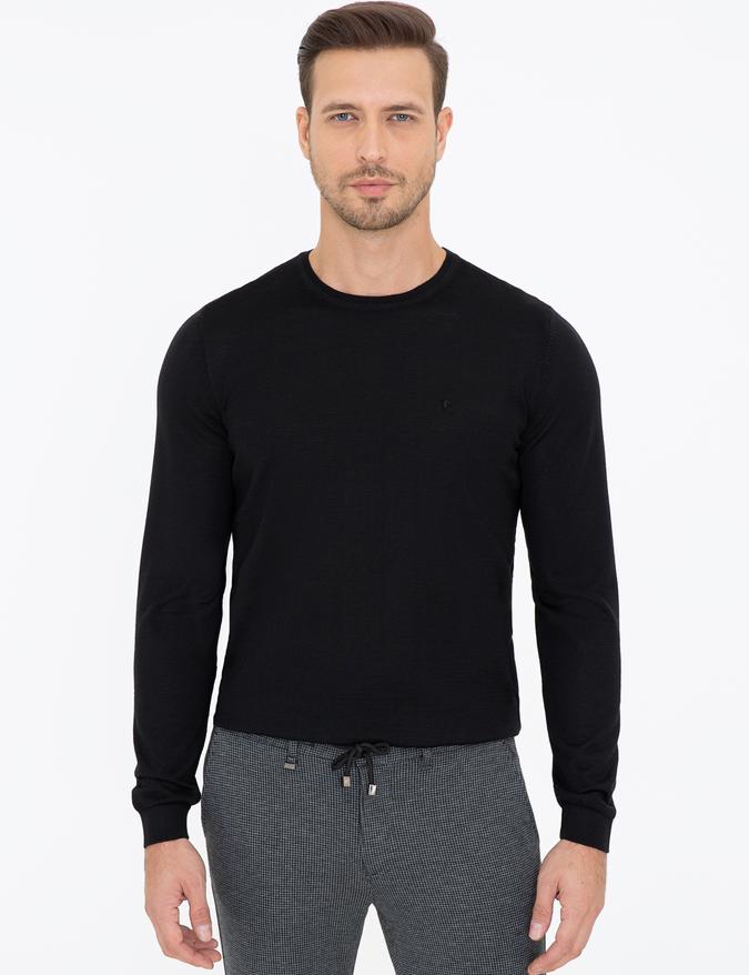 Siyah Slim Fit Bisiklet Yaka Basic Triko Kazak
