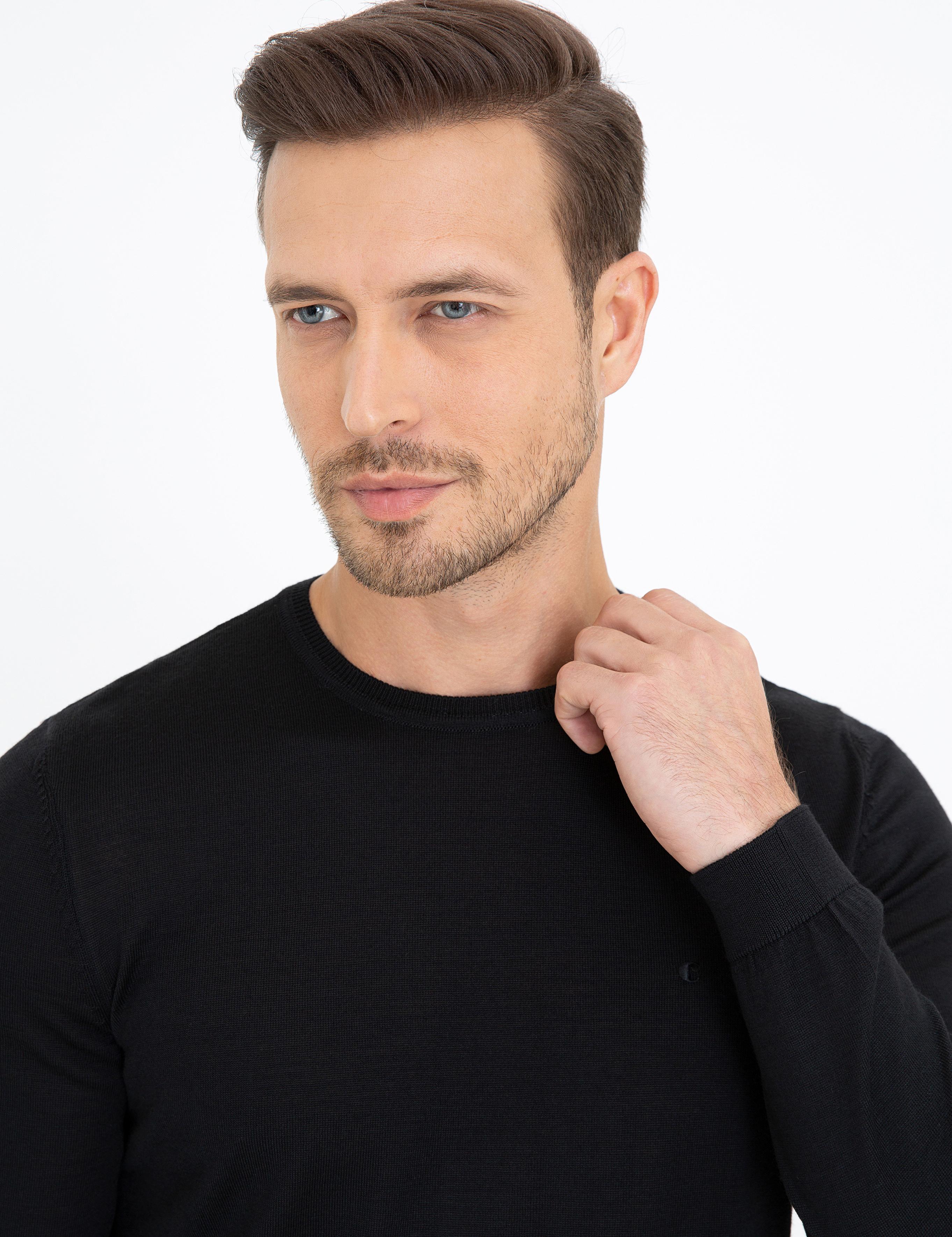 Siyah Slim Fit Bisiklet Yaka Basic Triko Kazak - 50237038004