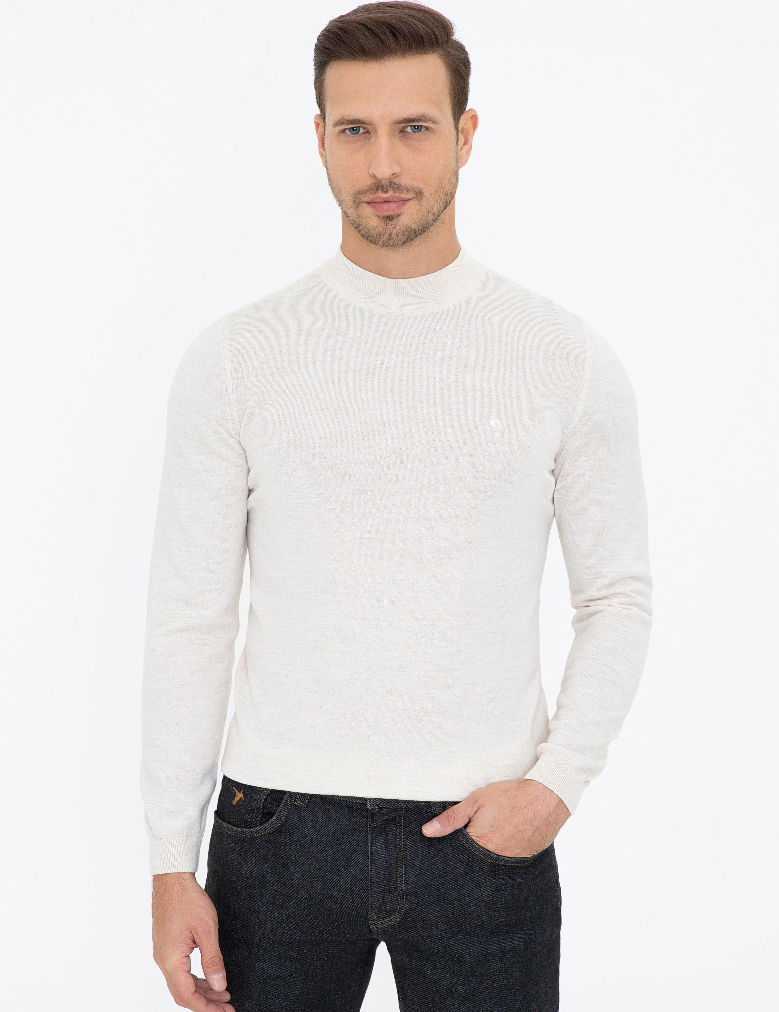 Bej Slim Fit Çeyrek Balıkçı Yaka Basic Triko Kazak - 50237039025