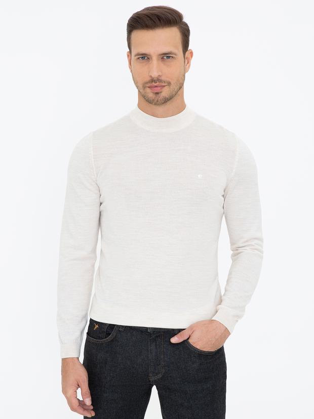 Bej Slim Fit Çeyrek Balıkçı Yaka Basic Triko Kazak