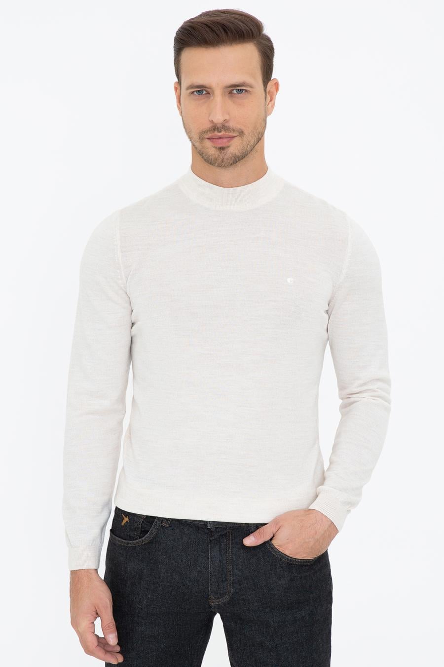 Bej Slim Fit Çeyrek Balıkçı Yaka Basic Triko Kazak - 50237039025