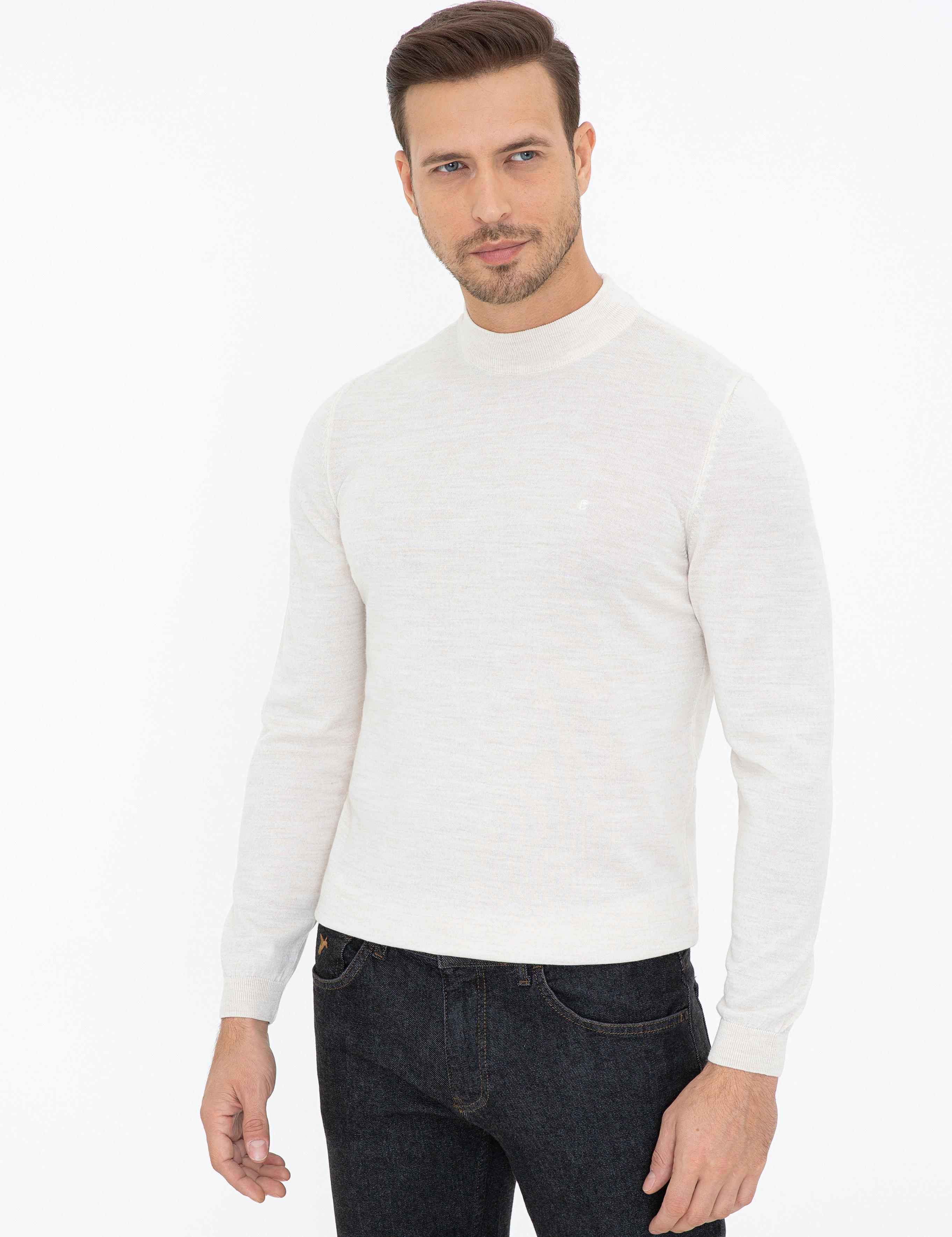 Bej Slim Fit Çeyrek Balıkçı Yaka Basic Triko Kazak - 50237039025