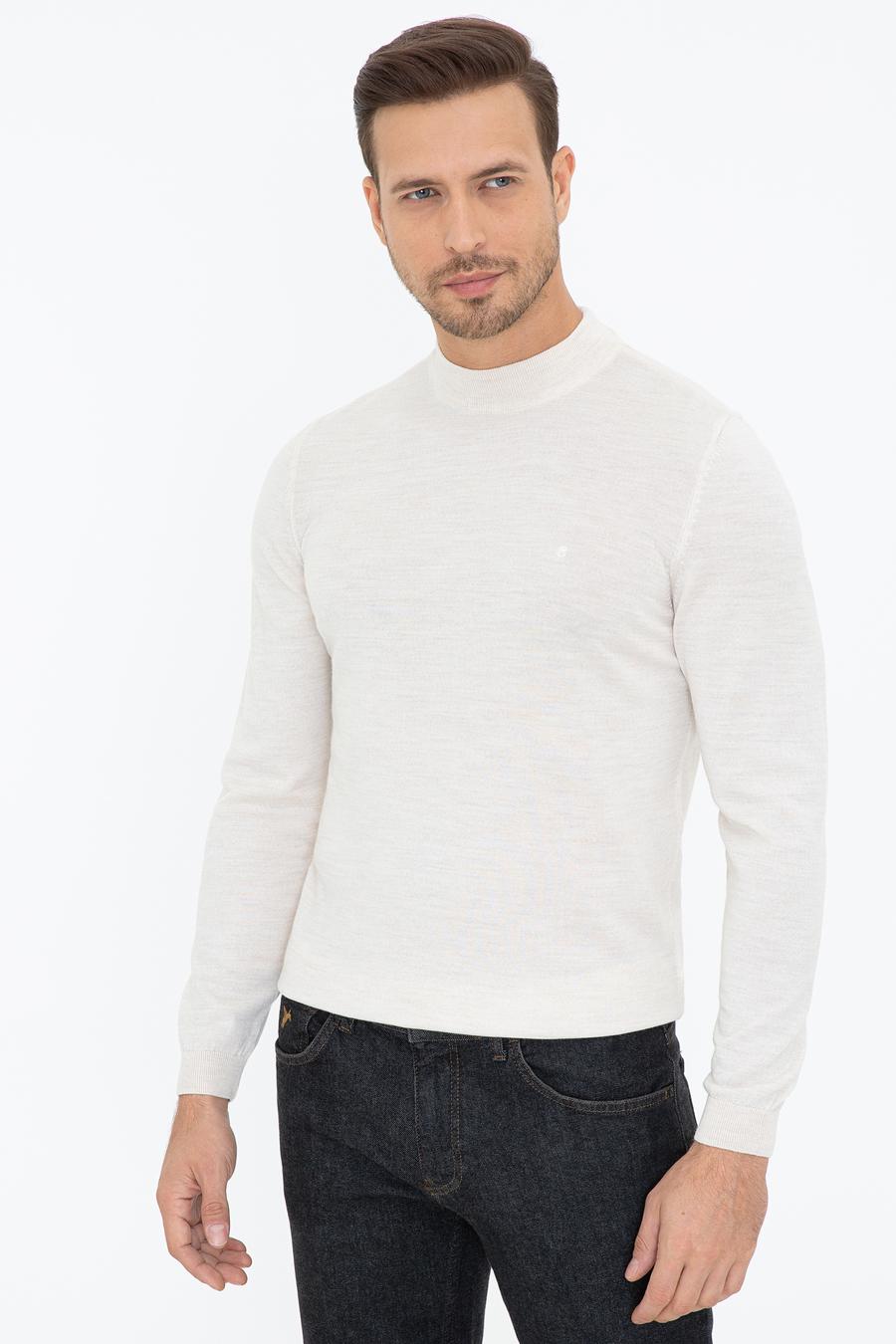 Bej Slim Fit Çeyrek Balıkçı Yaka Basic Triko Kazak - 50237039025