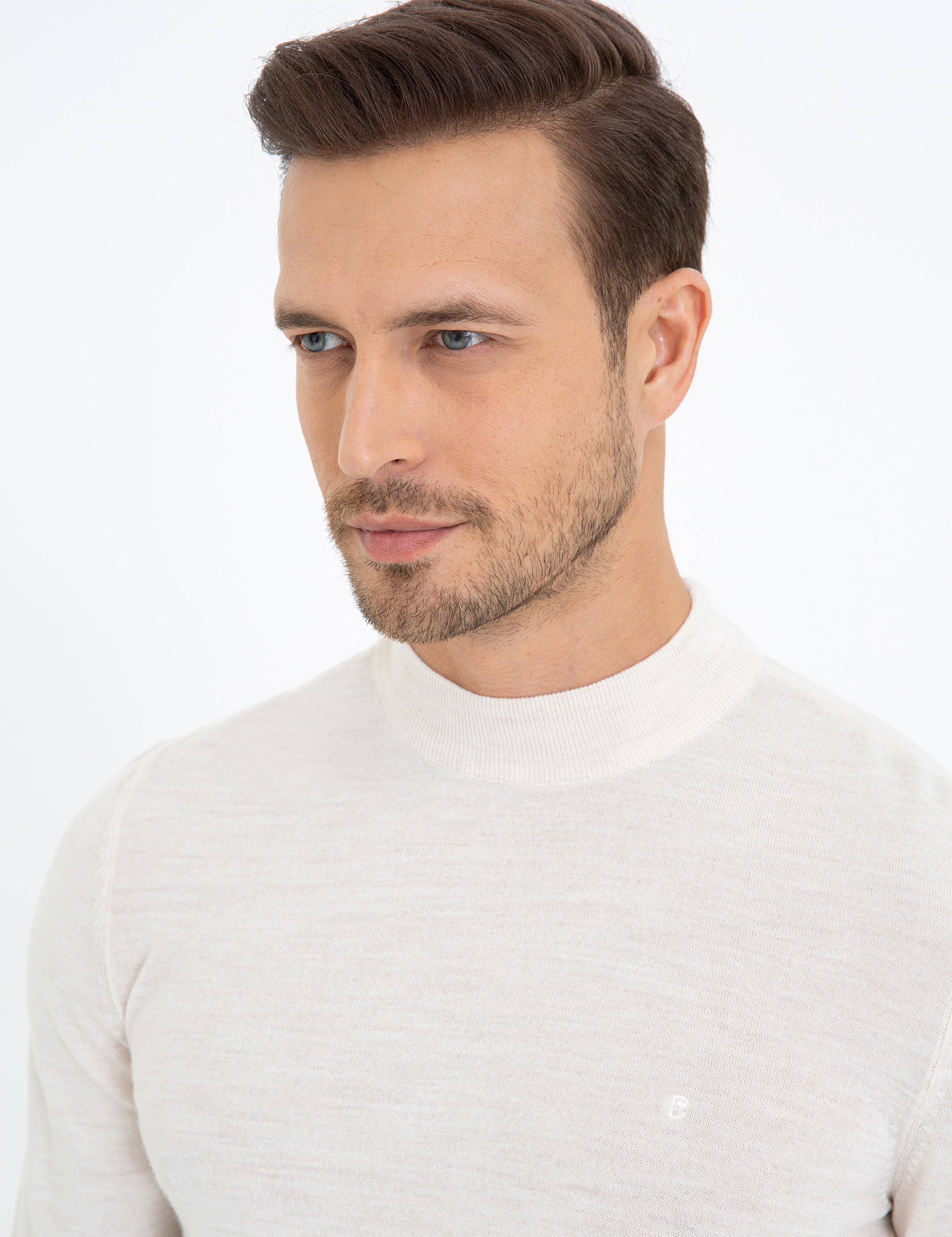 Bej Slim Fit Çeyrek Balıkçı Yaka Basic Triko Kazak - 50237039025