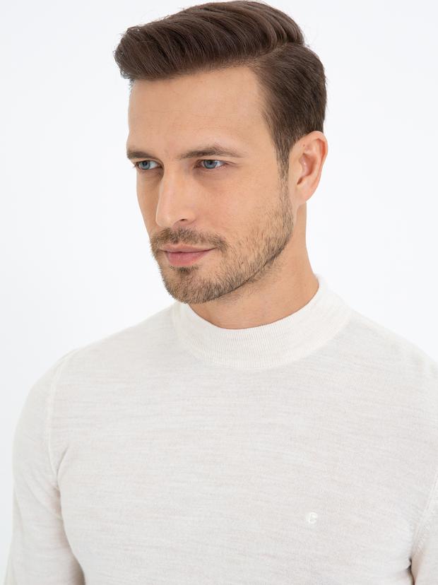 Bej Slim Fit Çeyrek Balıkçı Yaka Basic Triko Kazak