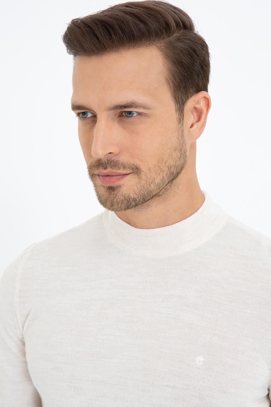 Bej Slim Fit Çeyrek Balıkçı Yaka Basic Triko Kazak - 50237039025