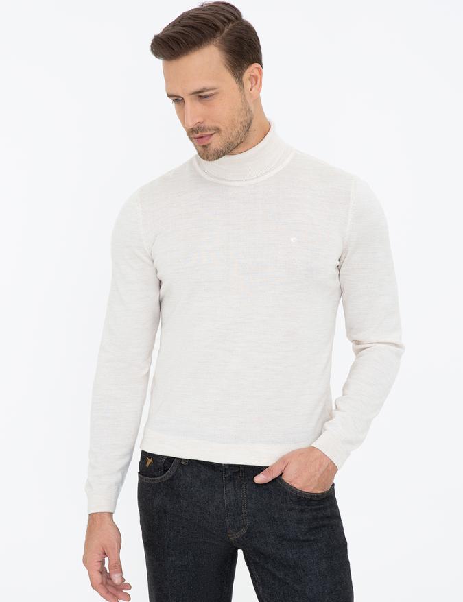 Bej Slim Fit Balıkçı Yaka Basic Triko Kazak