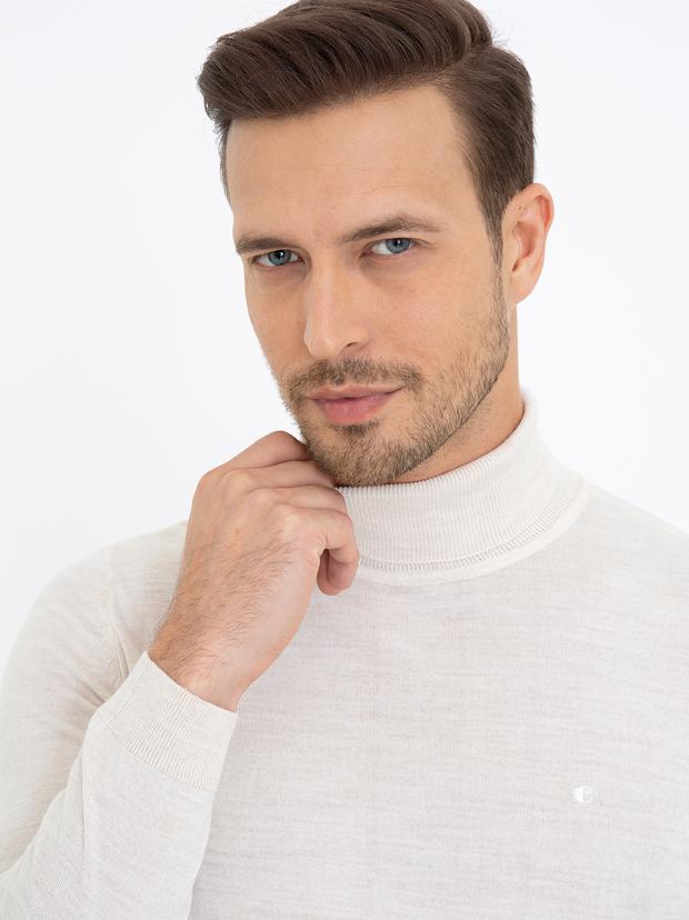 Bej Slim Fit Balıkçı Yaka Basic Triko Kazak